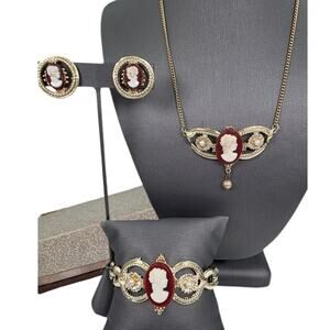 Vintage Victorian Revival Cameo Faux Pearl Necklace, Bracelet, and Earrings Set